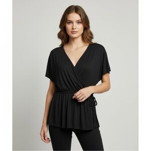 H&M Black Wrap Front Short Sleeve Peplum Casual Blouse Women’s Size Medium